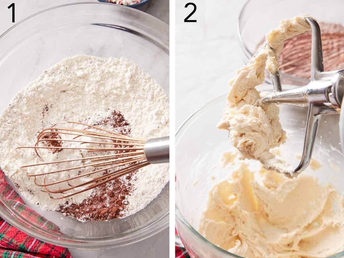 Set of two photos showing dry ingredients whisked together and butter creamed in a mixer.