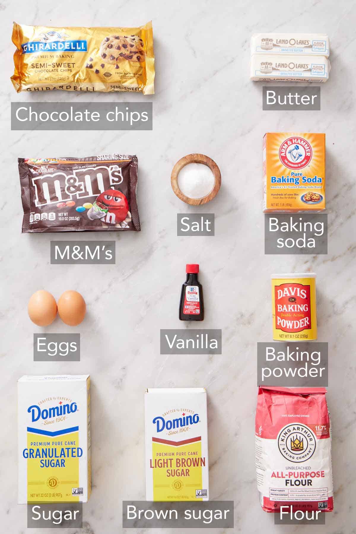 Ingredients needed to make M&M cookie bars.