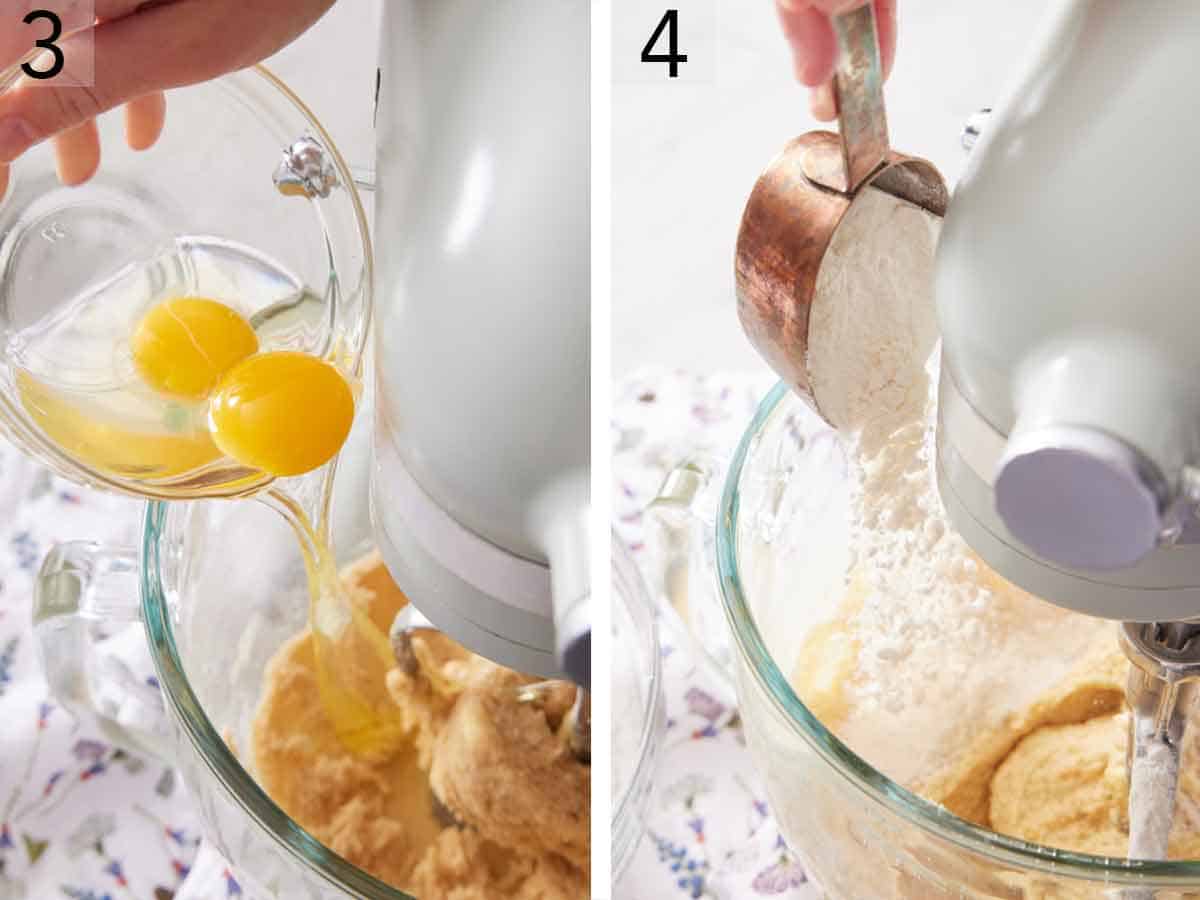 Set of two photos showing eggs and flour added to a mixer.