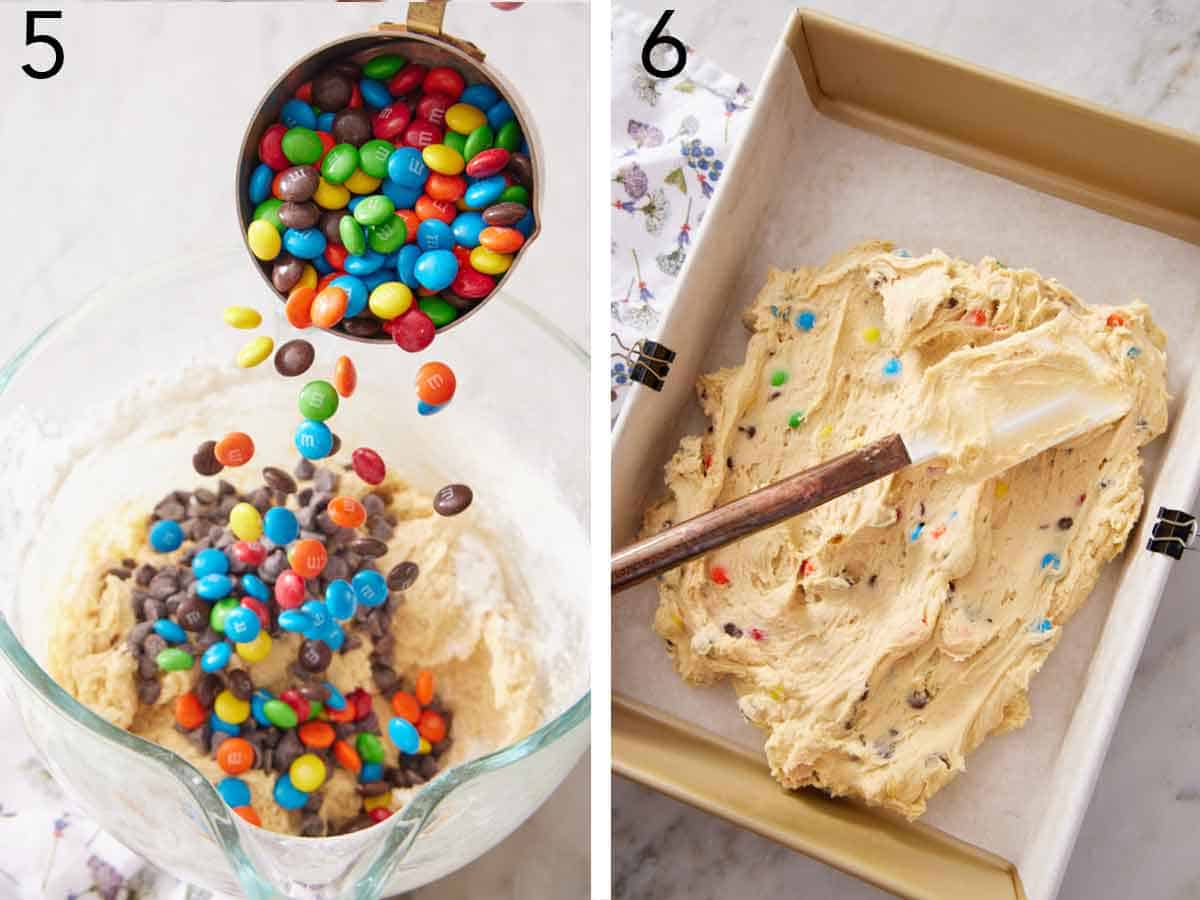Set of two photos showing chocolate chips and M&M's added to the batter and spread into a lined baking dish.