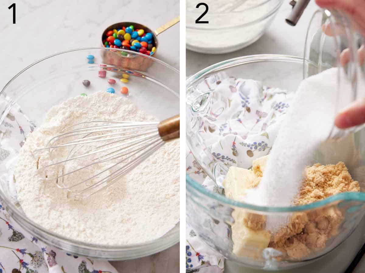 Set of two photos showing dry ingredients whisked and sugars added to butter.