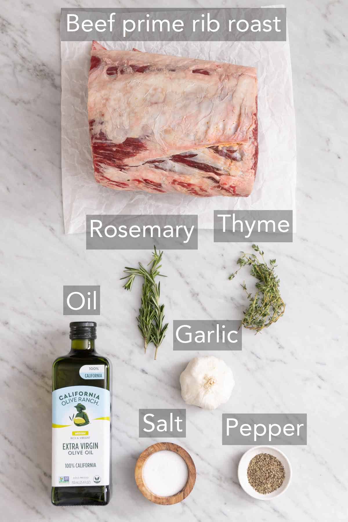 Ingredients needed to make prime rib.