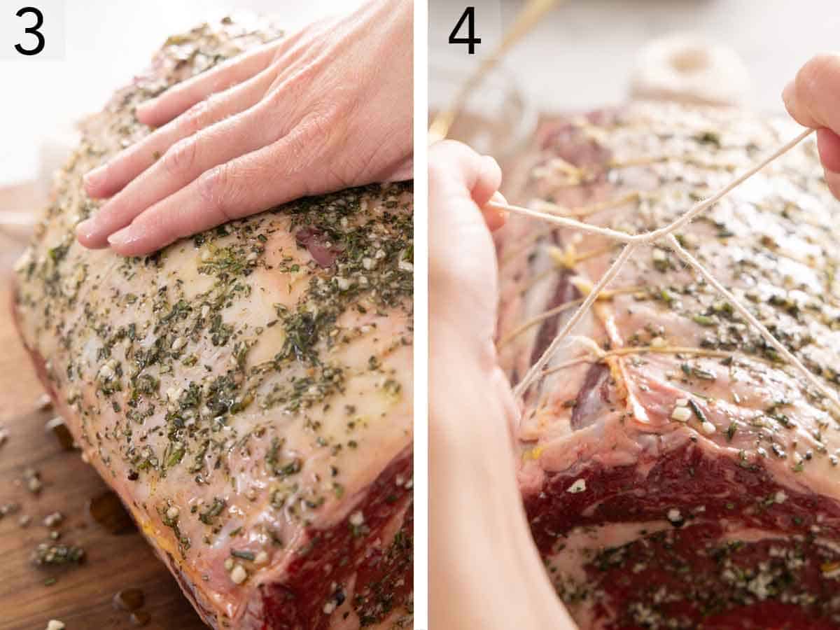 Set of two photos showing herbs and salt rubbed onto a prime rib and then tied with string.