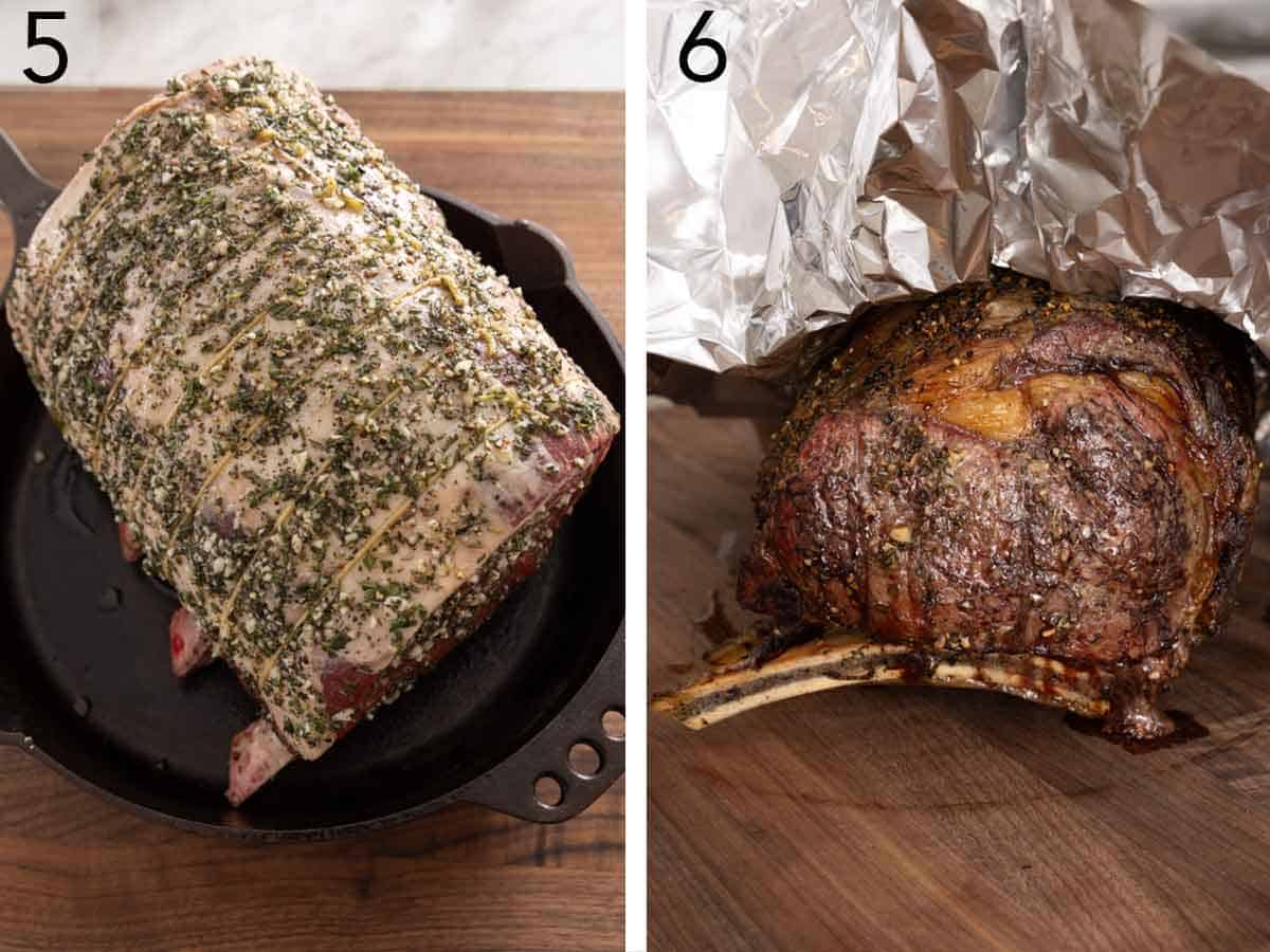 Set of two photos showing a seasoned prime rib placed onto a cast iron and then foil placed on top of it to rest.