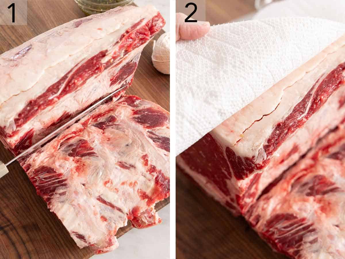 Set of two photos showing a prime rib sliced and patted dry with a paper towel.