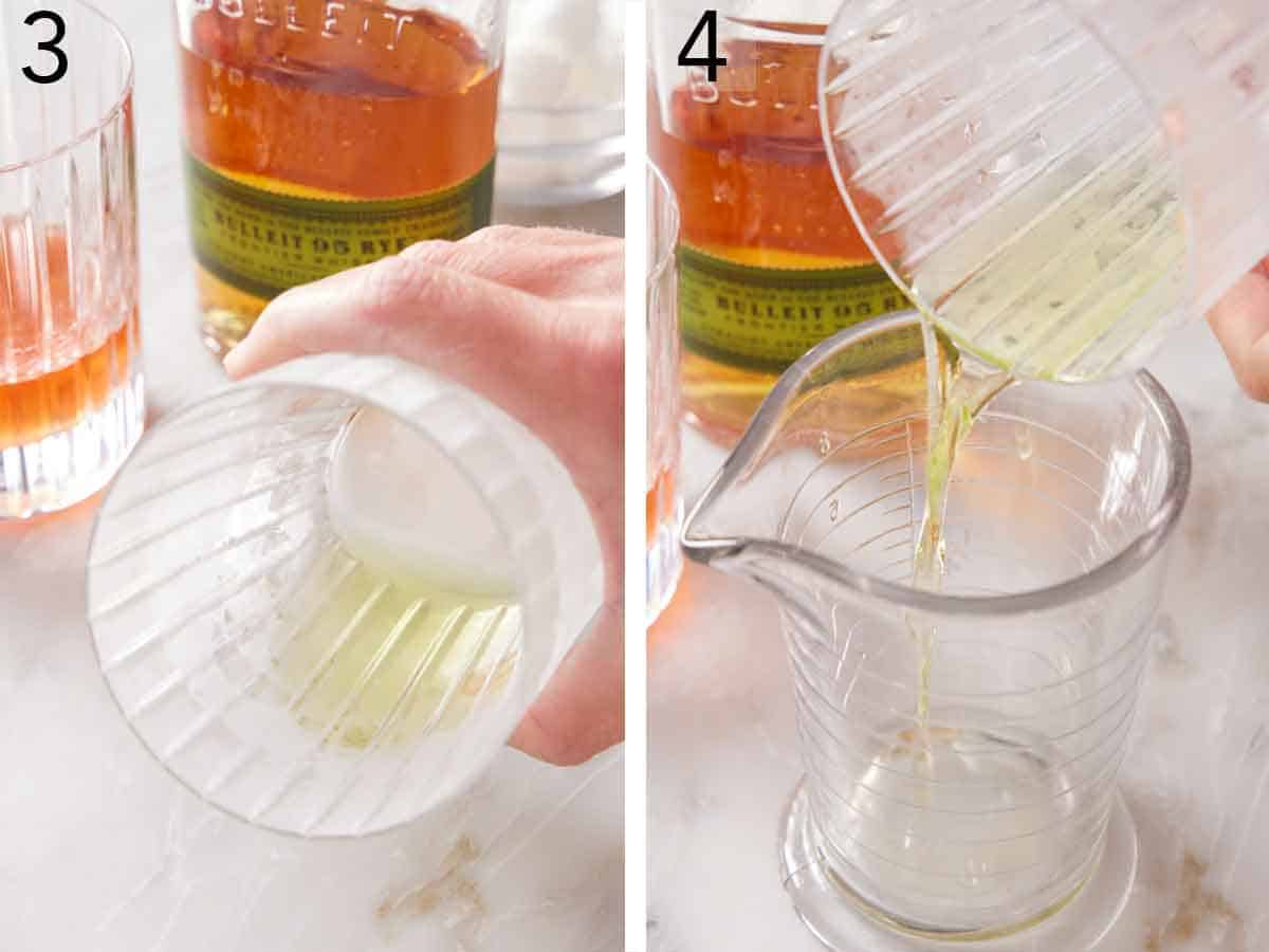 Set of two photos showing Absinthe swirled in a glass then extra discarded into another vessel.