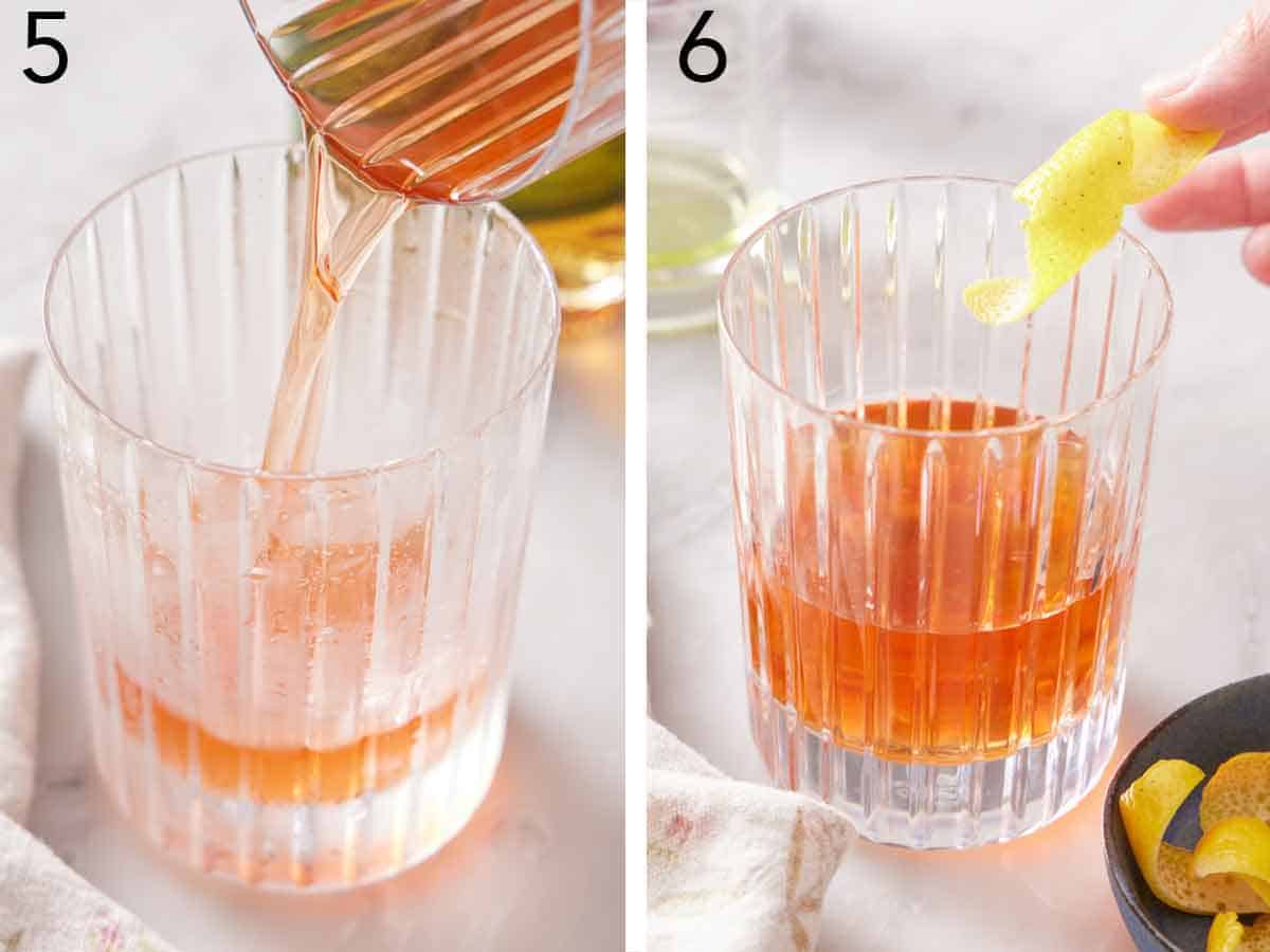 Set of two photos showing the rye whiskey mixture added to the chilled glass and lemon twist garnish placed on the rim.