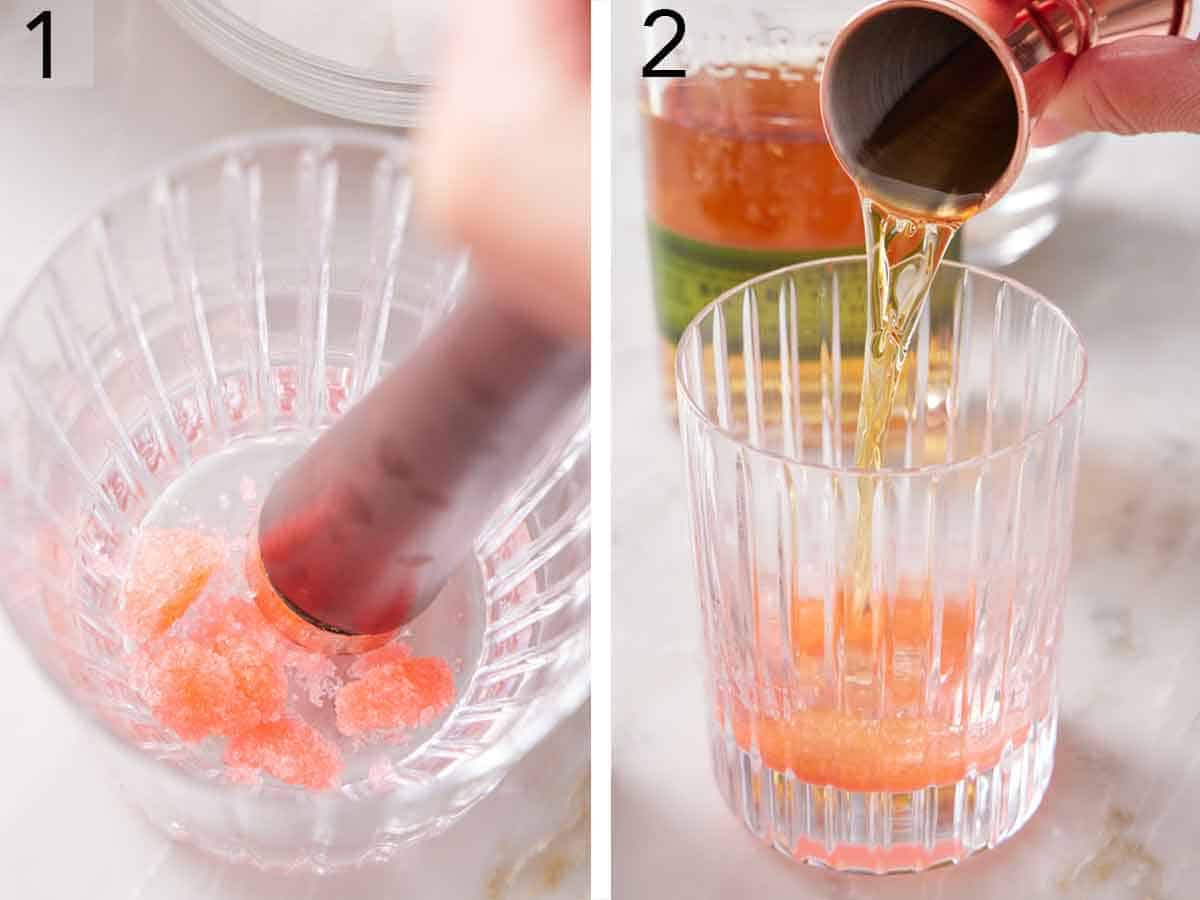 Set of two photos showing sugar cube muddled with Peychaud's bitters and rye whiskey added.