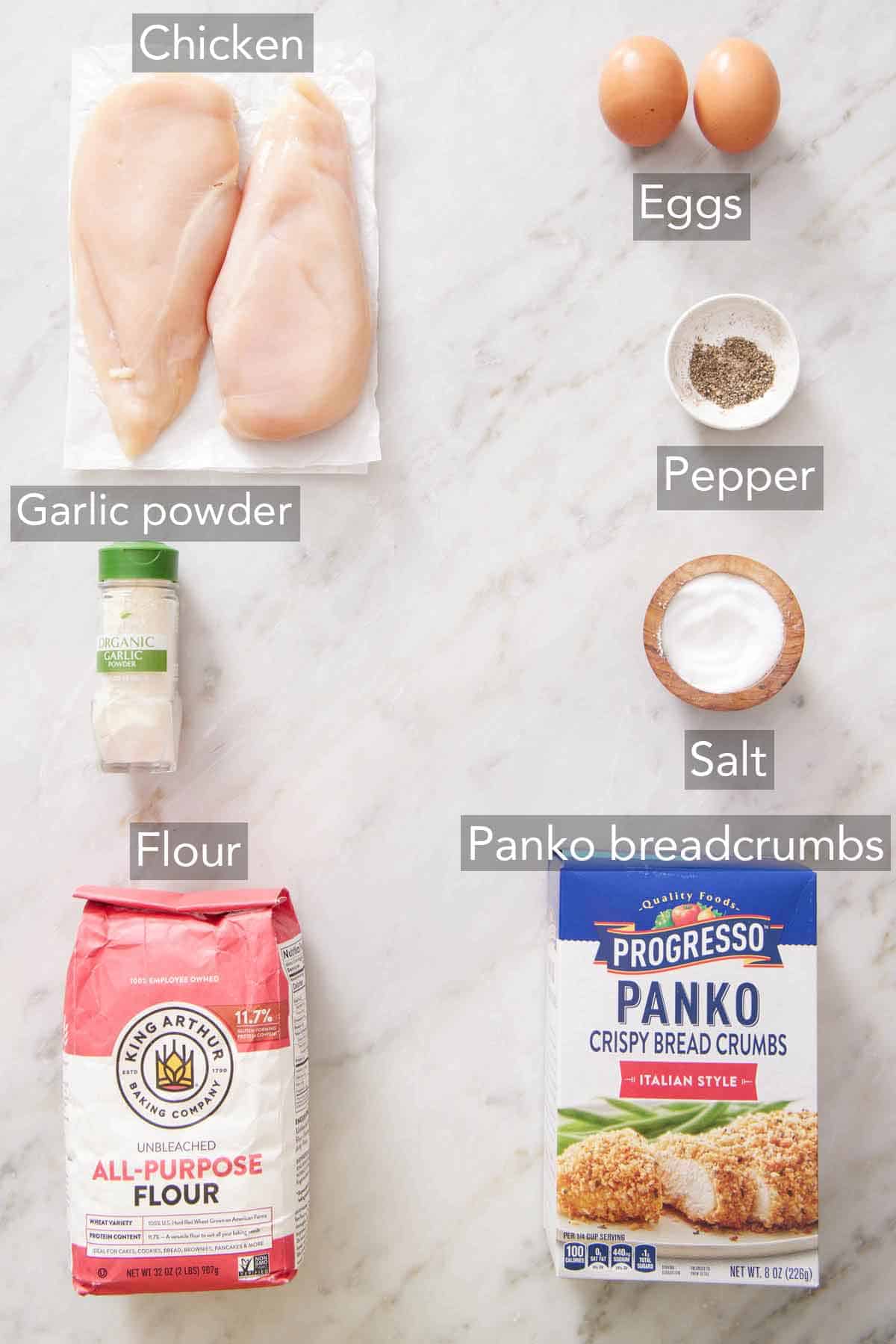 Ingredients needed to make crispy air fryer chicken cutlets.