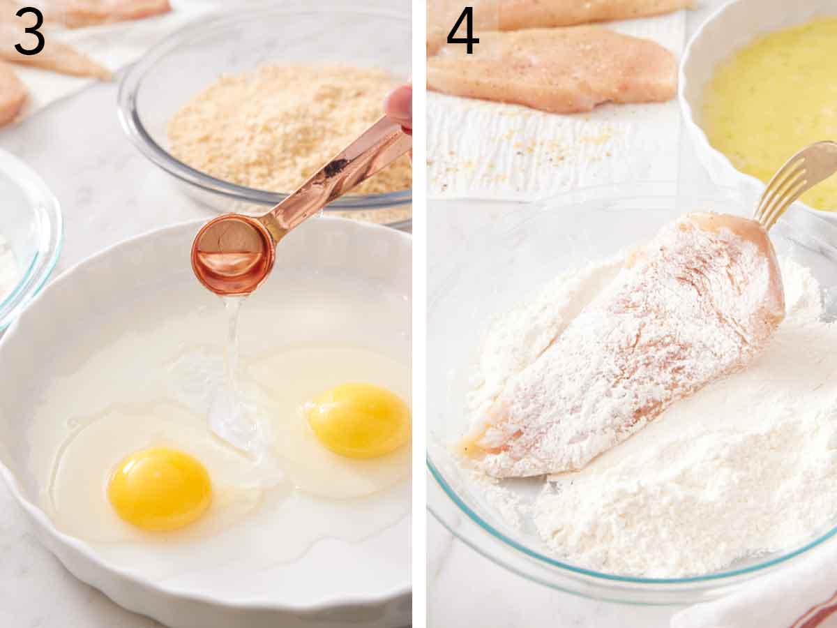 Set of two photos showing water added to eggs and the cutlet coated in flour.