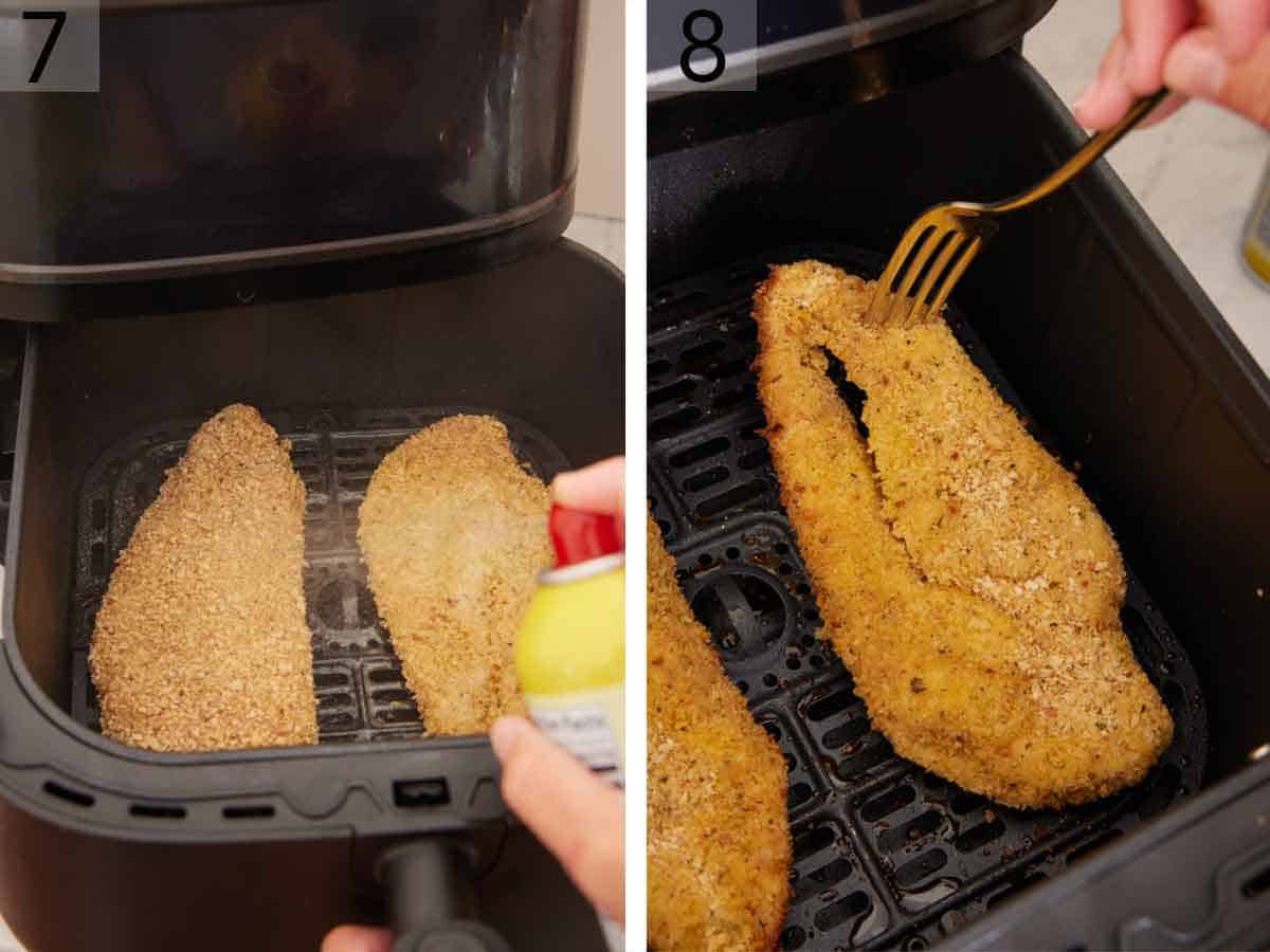 Set of two photos showing chicken cutlets sprayed with oil in an air fryer basket then flipped in the basket.