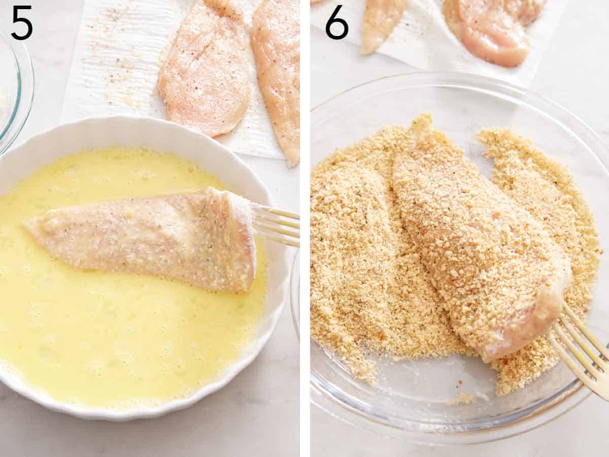 Set of two photos showing the meat dipped in the egg mixture then coated in breadcrumbs.
