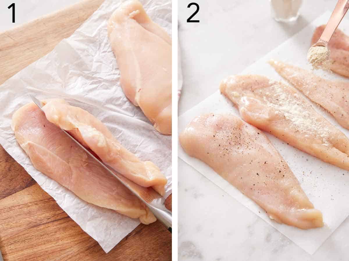 Set of two photos showing chicken breasts sliced and then seasoned.