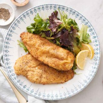 Overhead view of two air fryer chicken cutlets on a plate with mixed greens and lemon wedges. Salt, pepper, fork, a napkin, and more lemon wedges off to the side.