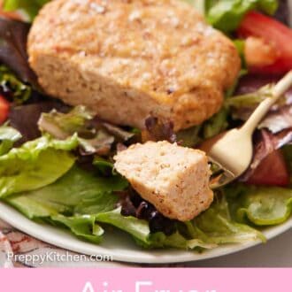 Pinterest graphic of a plate with an air fryer chicken patty with a bite on a fork, over a bed of lettuce.