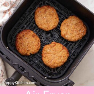 Pinterest graphic of an air fryer basket with four air fryer chicken patties.