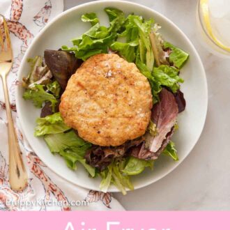 Pinterest graphic of a plate of lettuce with an air fryer chicken patty on top.
