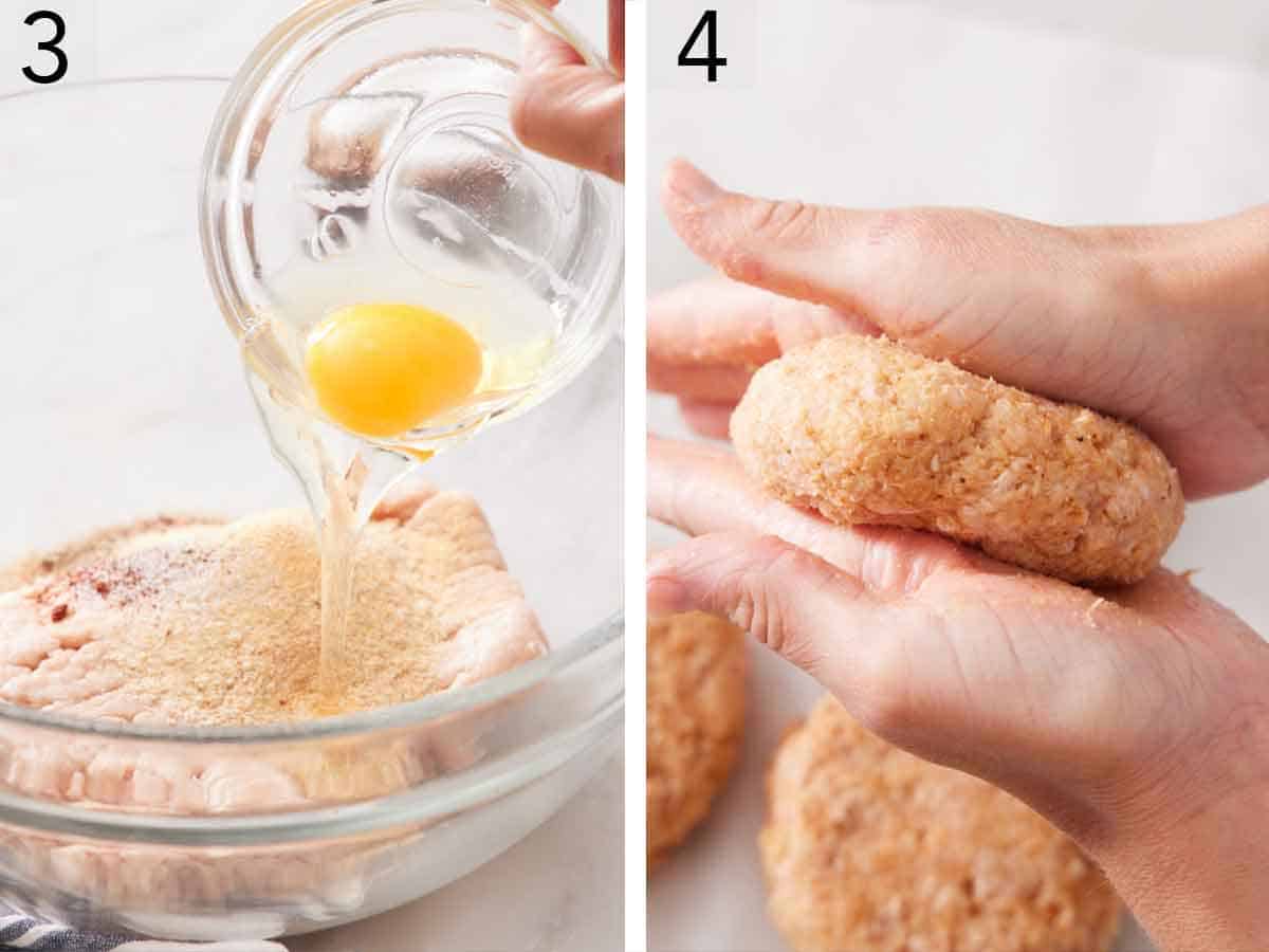 Set of two photos showing egg added to the ground meat mixture and formed into a patty shape.