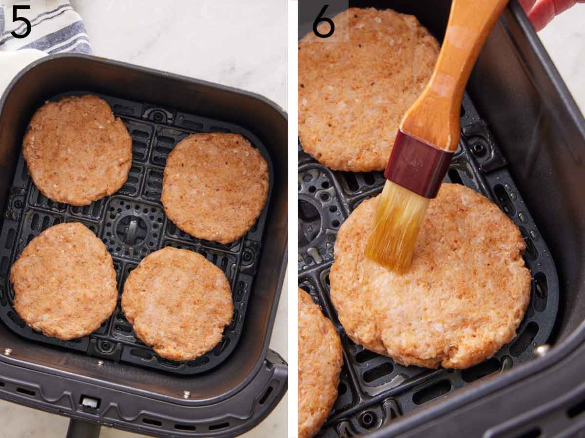Set of two photos showing four patties placed in an air fryer basket and brushed with olive oil.