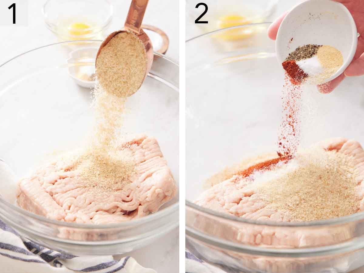 Set of two photos showing breadcrumbs and seasoning added to a bowl of ground chicken.