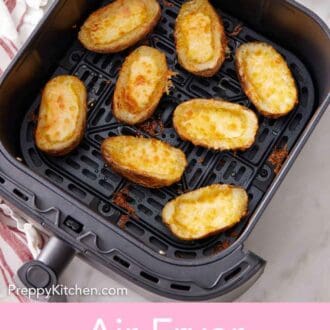Pinterest graphic of an air fryer basket with potato skins.
