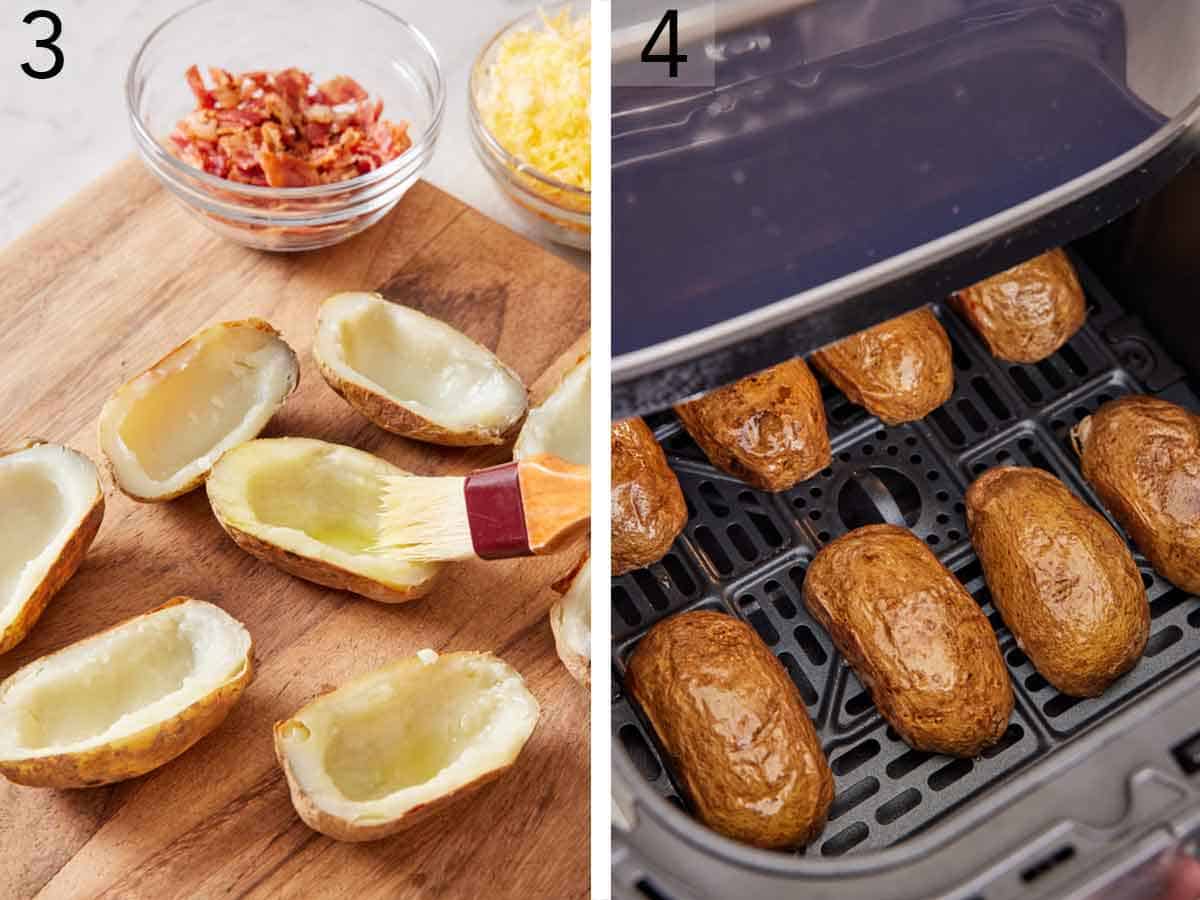 Set of two photos showing olive oil brushed onto the potato skins and placed in an air fryer basket, cut side down.