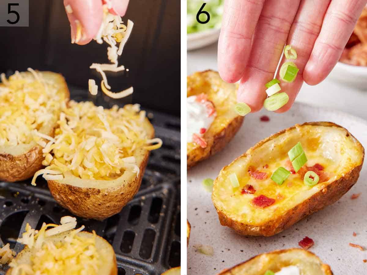 Set of two photos showing shredded cheese, bacon, and green onions sprinkled on top of the potato skins.
