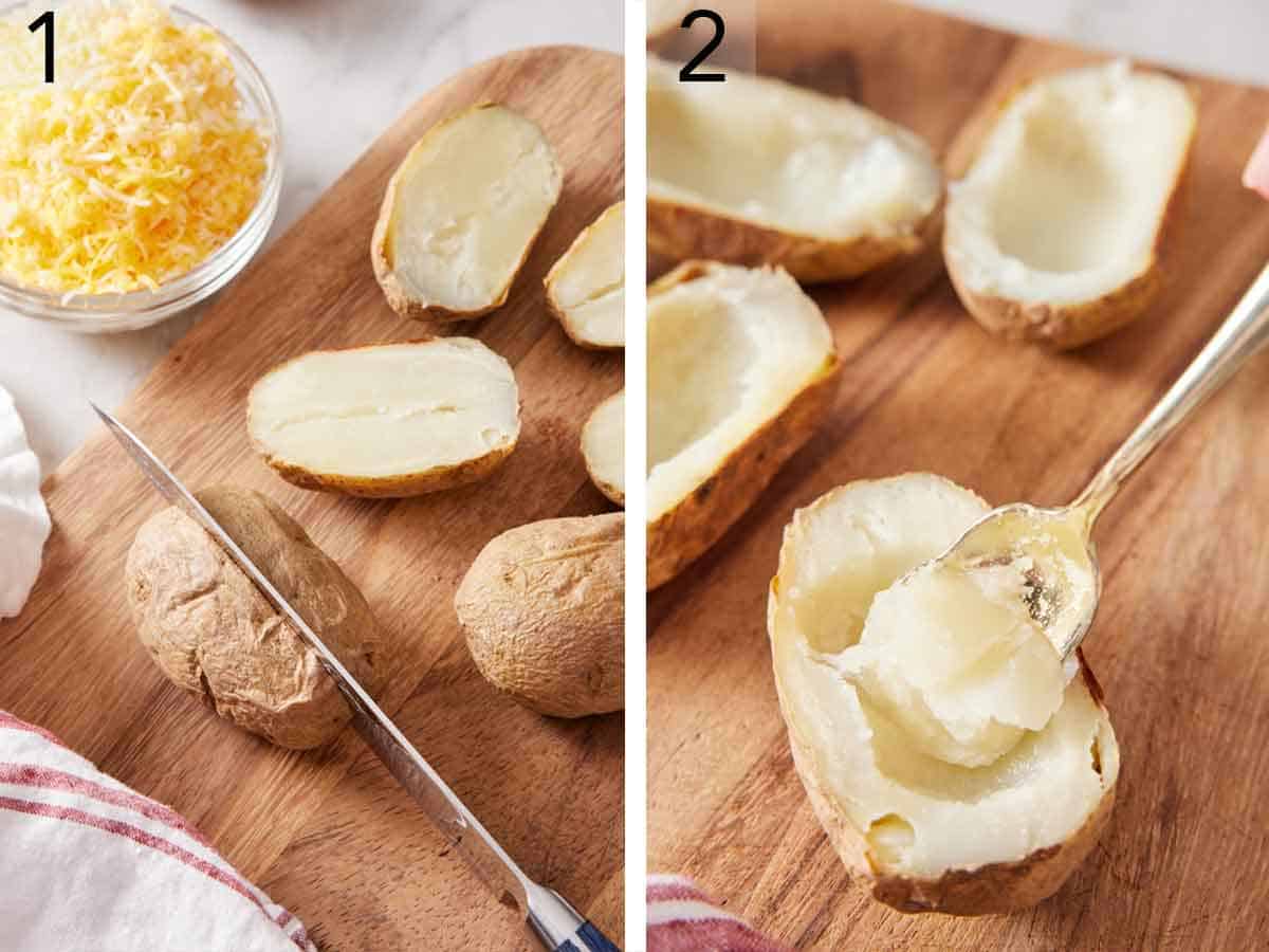 Set of two photos showing russet potatoes cut in half and the centers scooped out.