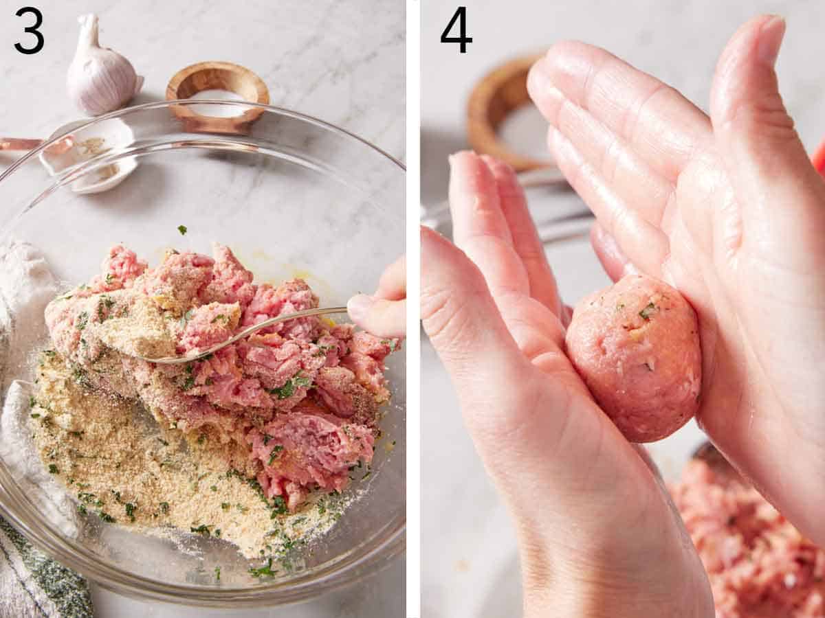 Set of two photos showing meatball mixture combined and rolled into a ball.