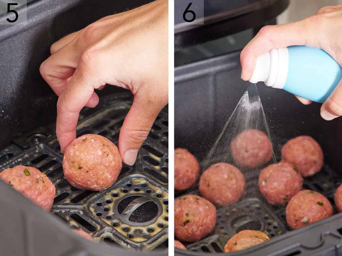 Set of two photos showing meatballs placed in an air fryer basket and sprayed with oil.