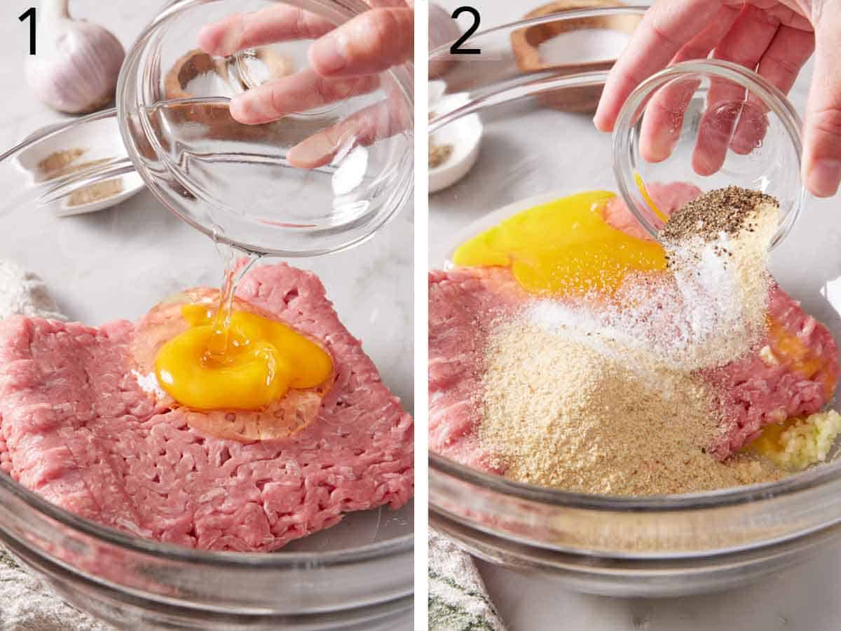 Set of two photos showing egg added to a bowl of ground turkey then seasoning added.