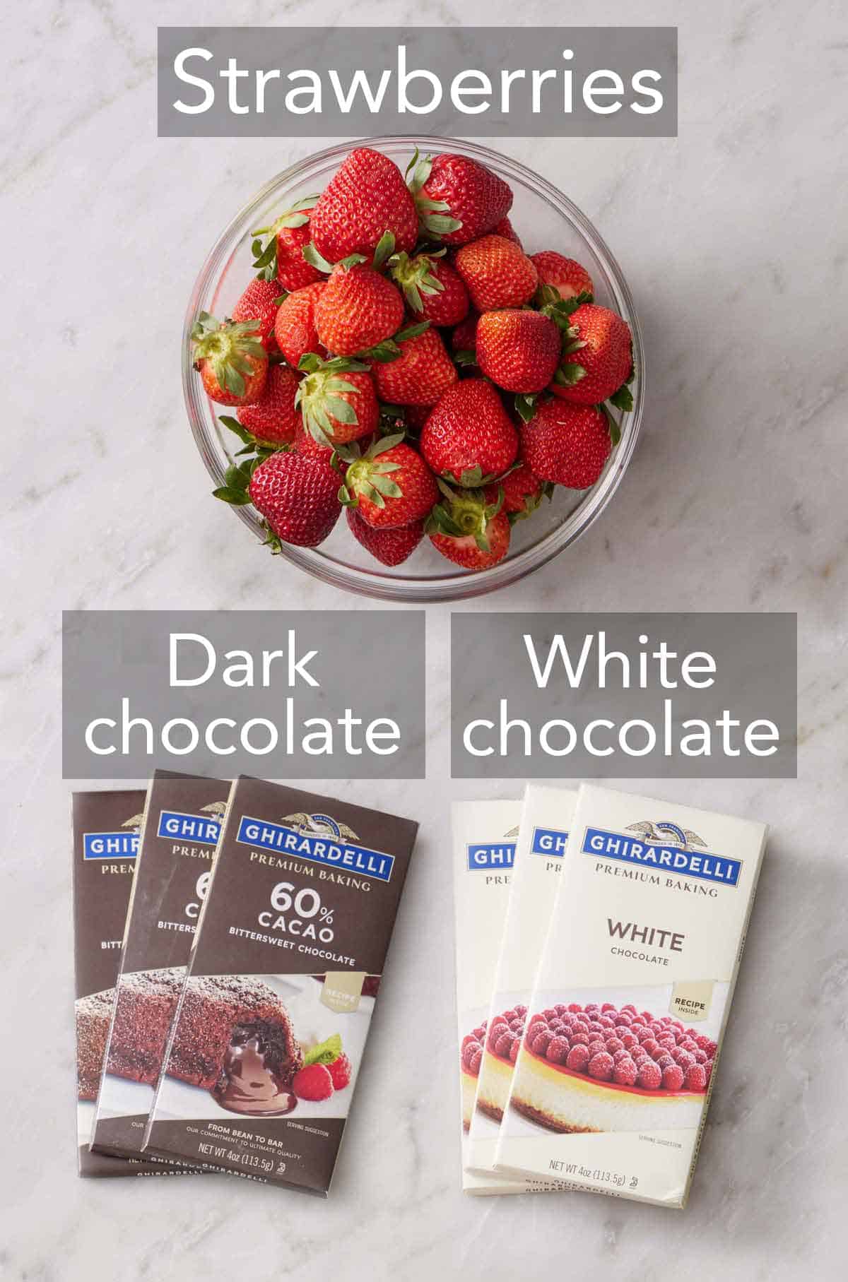 Ingredients needed to make chocolate covered strawberries.