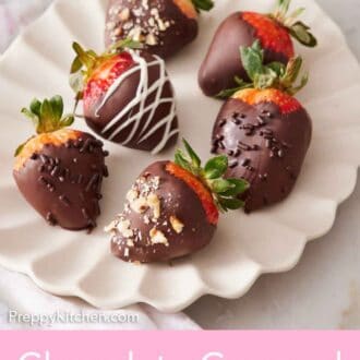 Pinterest graphic of a scalloped platter of chocolate covered strawberries with different toppings.
