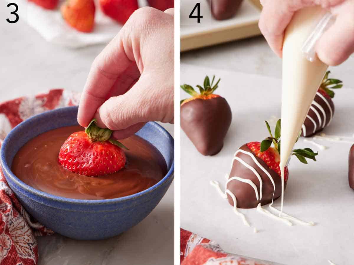 Set of two photos showing a strawberry dipped into a bowl of melted chocolate and white chocolate drizzled on top.