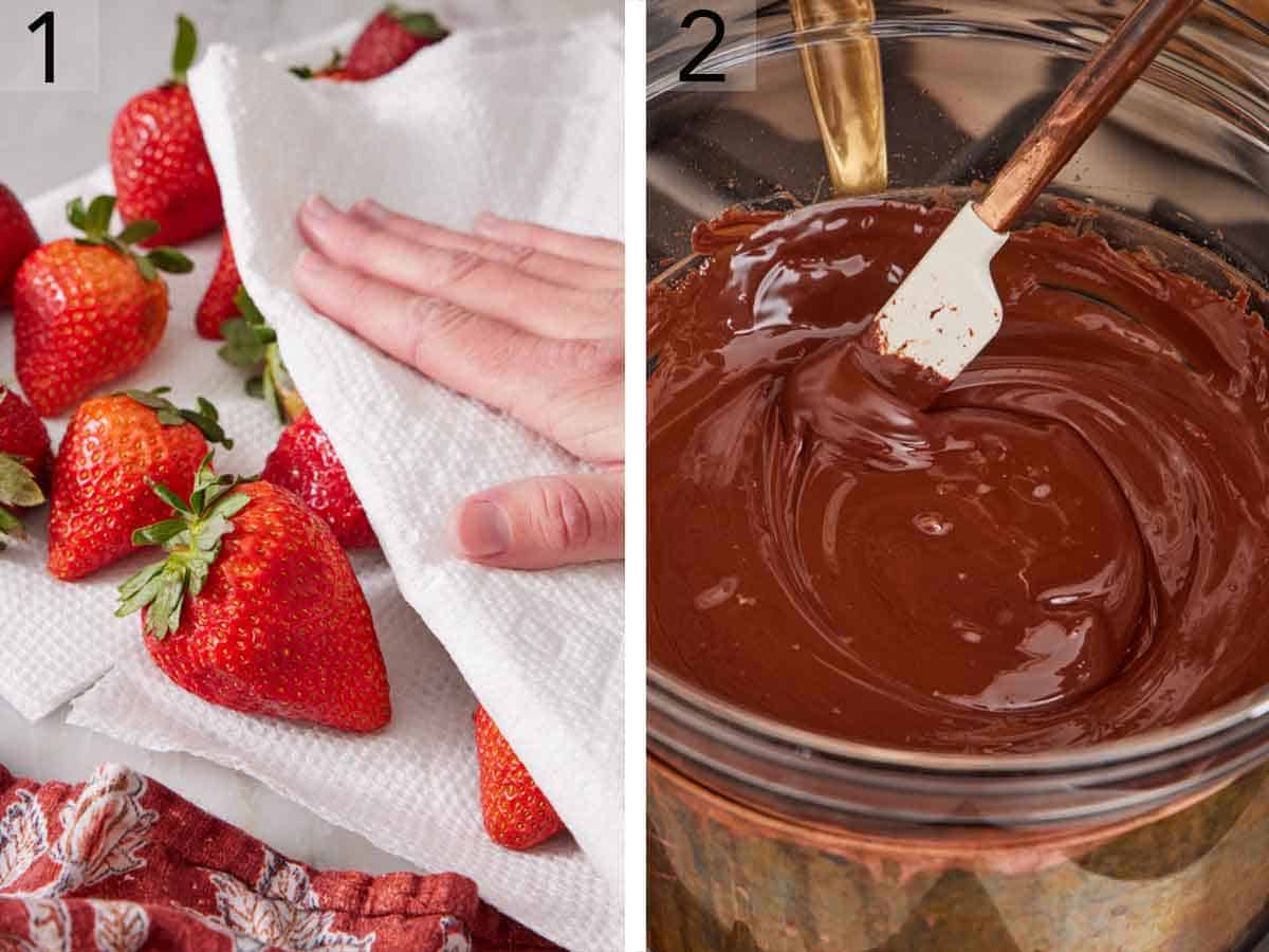 Set of two photos showing strawberries patted dry with a paper towel and chocolate melted in a bowl.