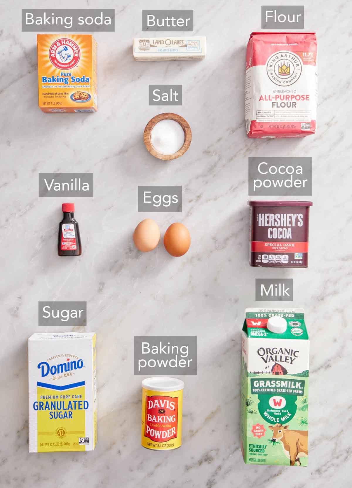 Ingredients needed to make chocolate waffles.