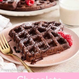 Pinterest graphic of a plate with a piece of chocolate waffles topped with chocolate and powdered sugar with a fork on the side.