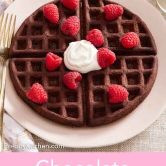 Pinterest graphic of a plate with a chocolate waffle topped with whipped cream and fresh raspberries.