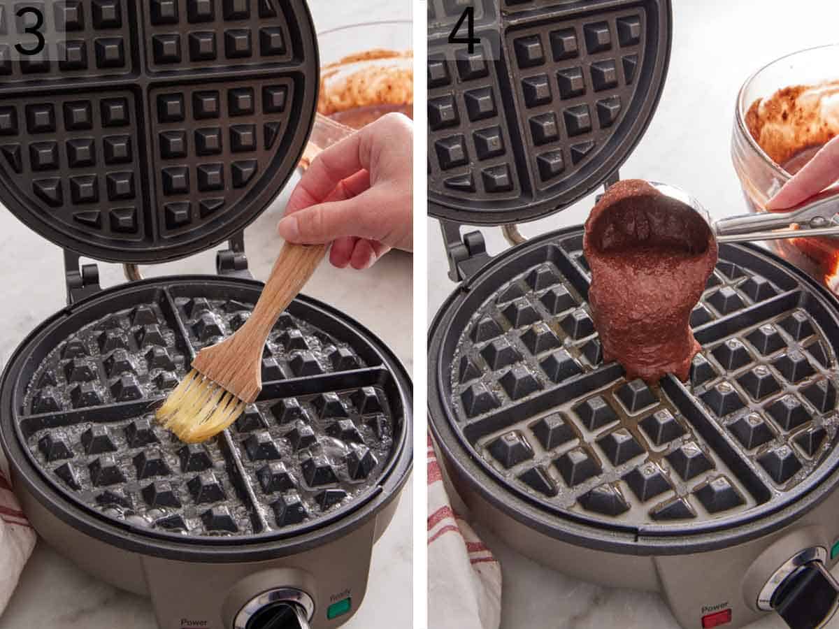 Set of two photos showing butter brushed on a waffle iron and batter spooned in.