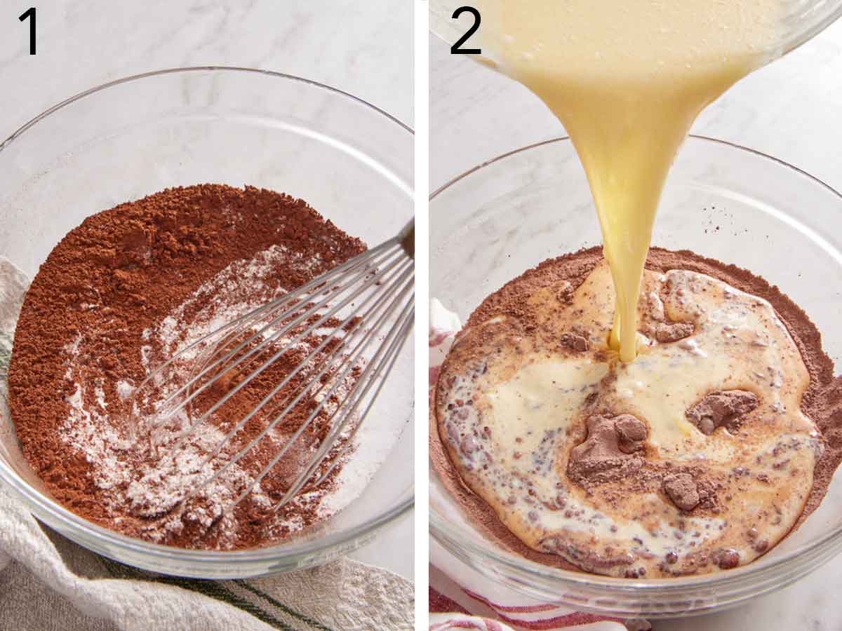 Set of two photos showing dry ingredients whisked and wet ingredients added.
