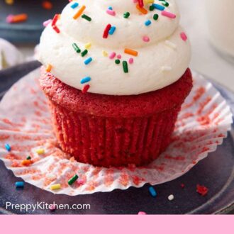 Pinterest graphic of a red velvet cupcake with the paper liner pulled down and with ermine frosting topped with rainbow sprinkles.
