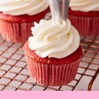 Pinterest graphic of ermine frosting piped on top of a red velvet cupcake.