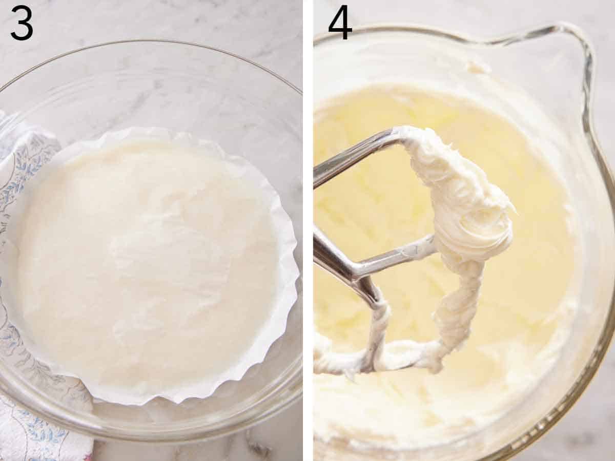 Set of two photos showing the milk mixture covered with parchment paper and butter creamed in a mixer.
