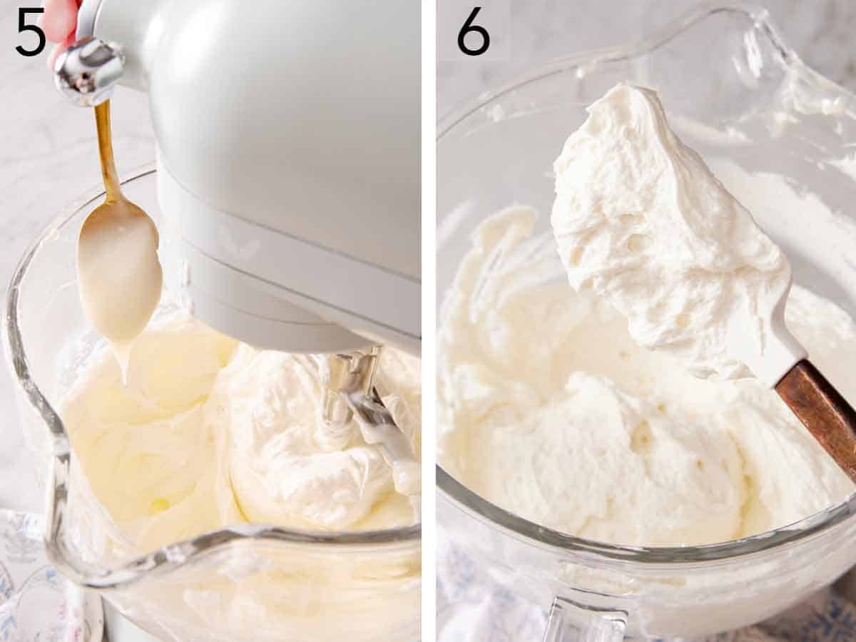 Set of two photos showing milk mixture added to the mixture and the frosting mixed with a spatula.