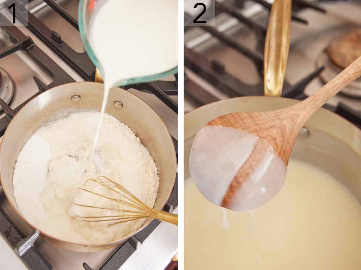 Set of two photos showing milk added to a pot with flour and cooked down.