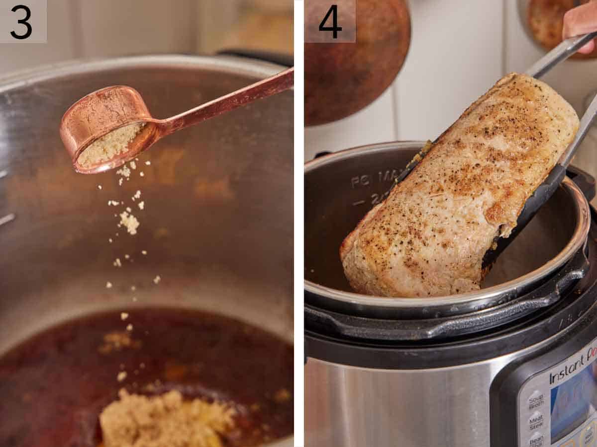 Set of two photos showing brown sugar added to the pot and the pork added back to the pot.