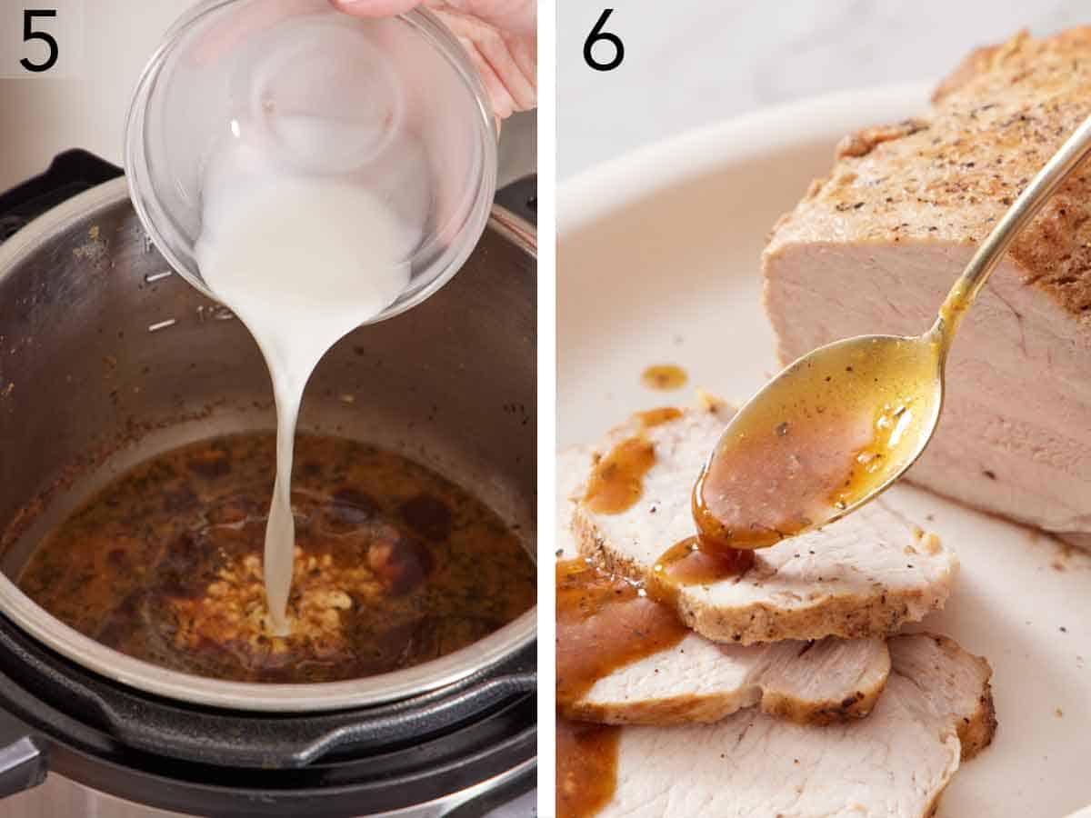 Set of two photos showing cornstarch slurry added to the liquid in the pot to make a gravy and a spoon spooning gravy over sliced pork.