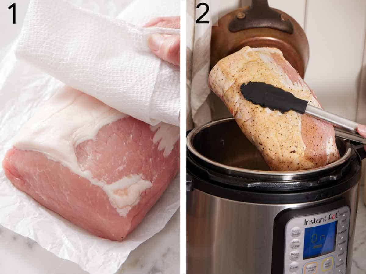 Set of two photos showing pork loin patted dry with a paper towel and seared in an Instant Pot.
