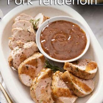 Pinterest graphic of a platter of sliced Instant Pot pork tenderloin with a bowl of gravy.