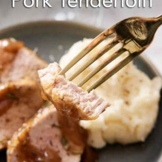 Pinterest graphic of a fork lifting up a bite of Instant Pot pork tenderloin from a plate.